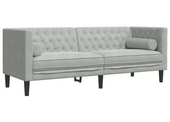 Sofa Chesterfield z wałkami trzyosobowa jasnoszara aksamit WM-372693