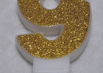 Świeczka urodzinowa, 9, dziewięć, dziewiąte urodziny, złoty brokat, 4,5x8,5