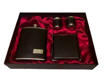 Zestaw Prezentowy Piersiówka + Dwa Kieliszki + Papierośnica Obszyte Skórą