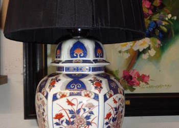 lampka ceramiczna w czerwono kobaltowy wzór roślinny