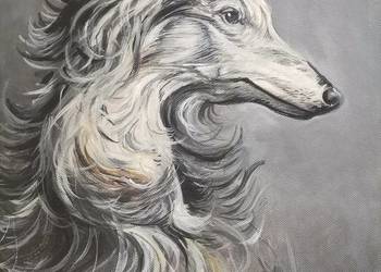 Borzoi, psi portret, ręcznie malowany na płótnie 30x40 cm