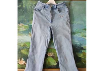 dźinsy denim szerokie proste kuloty wysoki stan zdobione kryształkami