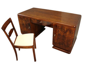 Klasyczne biurko art - deco w orzechu z krzesłem / po renowacji / antyki