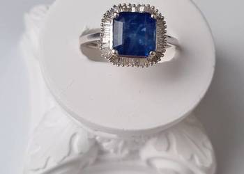 Pierścionek srebro rodowane 925, szafir, diamenty