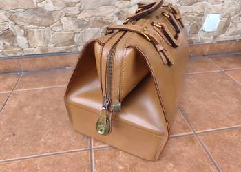 Torba podróżna skórzana VINTAGE! Retro! PRL! Z uchem, w kolorze jasny brąz,