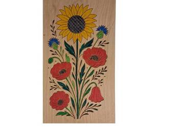 Piękna ozdoba z drewna - słonecznik, maki, chabry UNIKALNY i ORGINALNY