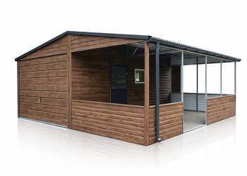Garaż Blaszany z wiatą oblachowaną 6×5 Ciemny Orzech, Drzwi, Okno