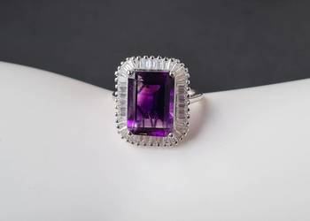 Pierścionek srebro 925 rodowane, ametyst marokański, moissanity