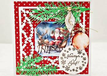 Ręcznie robiona kartka świąteczna z Mikołajem i reniferami