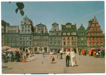 Pocztówka Wrocław Plac Solny Żuk Fiat Łada Syrena kwiaty bar