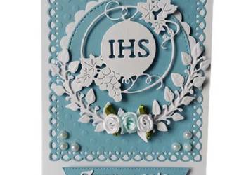 ZAPROSZENIA KOMUNIA CHŁOPIEC IHS Z WINOGRONEM ŁUK – B6 – BŁĘKIT – BIEL