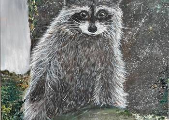 Szop #2.Seria „Strażnicy leśnych tajemnic”. Obraz olejny 40x50 cm