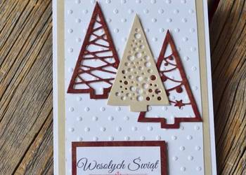 Kartka świąteczna na Boże Narodzenie z choinkami ręcznie robiona