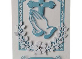 ZAPROSZENIA KOMUNIA CHŁOPIEC RĘCE Z KRZYŻEM – B6 – BŁĘKIT – BIEL