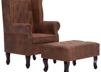 Fotel Chesterfield z podnóżkiem brązowy sztuczny zamsz WM-281277