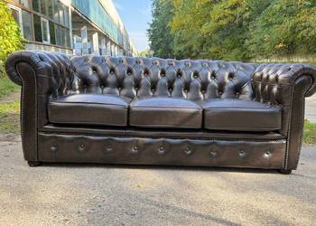 Kanapa Chesterfield skórzana 3-osobowa, brązowa, vintage, 200 cm