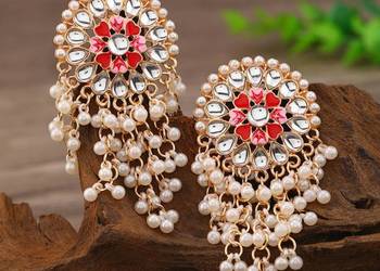 Kolczyki kaskadowe kwiaty orient koraliki złoty czerwony kolor cyrkonie boh