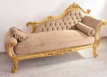 Złota Pałacowa Sofa Kanapa - Leżanka Szezlong - Drewno Welur - Styl Barok
