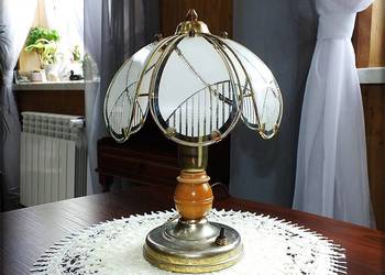 Stara Lampka nocna Lampa witrażowa złoto-drewnina lat 60-tych PRL / Vintage