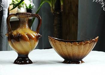 Zestaw - Stary wazonik Amfora i patera gliniana/ceramiczna
