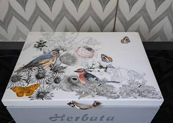 Herbaciarka ptaki szarość szkatułka pudełko ja herbatę handmade