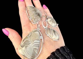 Komplet srebro 925 Krzemień pasiasty unikat rękodzieło