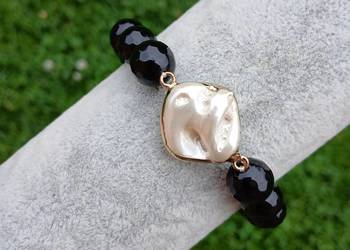 Bransoletka damska z Onyksu czarnego fasetowanego z perłą