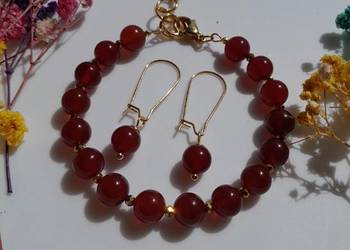 Pozłacana bransoletka i kolczyki z kamienia naturalnego agat karneol.