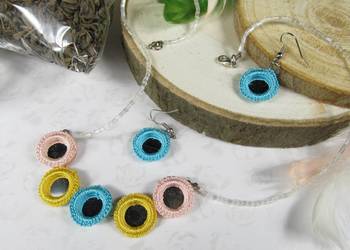 Naszyjnik kolczyki zestaw srebrny niebieski żółty różowy koła eko handmade