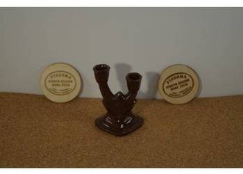 Ceramiczny świecznik dwuramienny vintage | Brązowe szkliwo | PRL