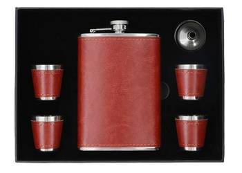 Piersiówka ze Stali Nierdzewnej w Brązowej Skórze z Kieliszkami