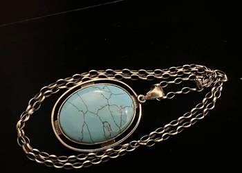 Srebrny wisior medalion turkus łańcuch srebro 925