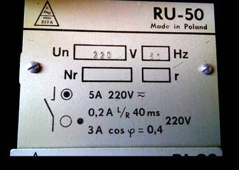 Przekaźnik RU 50 ; prąd 5A ; napięcie znamionowe: 220V