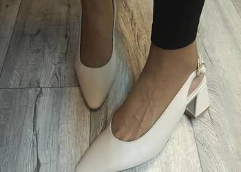 (42) Real Leather/ Skórzane czółenka wieczorowe z odkrytą piętą, NOWE