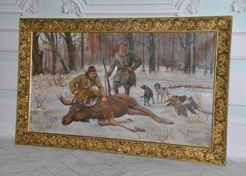 J. Fałat - Nieśwież Myśliwi - Upolowany Łoś - Zima Stary Obraz Olejny