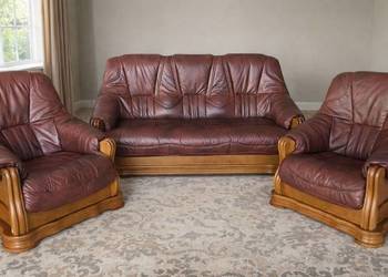 Komplet mebli skóra naturalna, dębowy stelaż. Funkcja spania