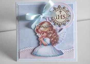 Kartka ręcznie robiona na Komunię Świętą dziewczynka-aniołek Kartka ręcznie robiona na Komunię Świętą dziewczynka-aniołek