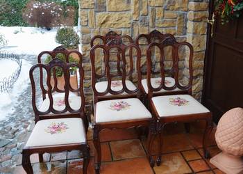 Krzesła stylowe brązowe ludwik dębowe wzór kwiaty do jadalni