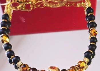 BRANSOLETKA CZASZKA STAL SZLACHETNA 316L ZŁOTY BURSZTYN ZAPIĘCIE PUDEŁKO