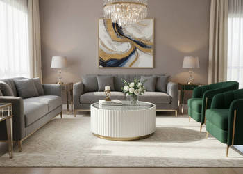 Stolik kawowy ryflowany biały okrągły złoty z szybą Livino Glamour Premium…