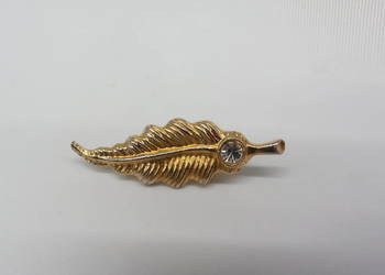 Broszka Vintage – Złoty Listek / Piórko z Kryształkiem