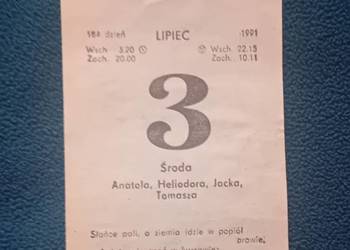 Kartka z kalendarza ściennego - zdzieraka, 3 lipca 1991 r.