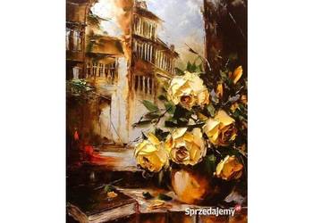 Kowalik - " W oknie " - 50x40cm Obraz Olejny Róże Kwiaty Szpachla