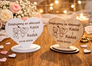 Drewniane serce z podziękowaniem dla gości personalizowana dekoracja ślubna