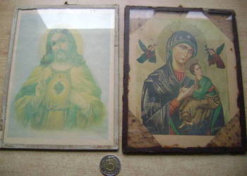 Starocie z PRL - Dewocjonalia = Zestaw 2 obrazy święte pod szkłem, z PRL