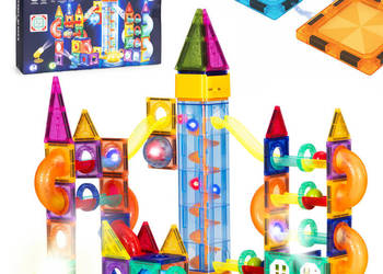 Klocki magnetyczne świecące konstrukcyjne tor kulkowy kulodrom 134 elementy