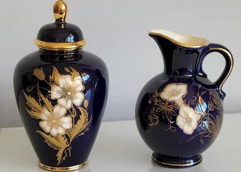 Kobaltowy zestaw amfora i dzbanek Limburg Germany ręcznie malowane biało-zł