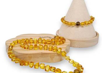 Korale i bransoletka z bursztynu bałtyckiego kostka jasny koniak #994