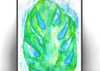 monstera rysunek A4, monstera obraz 21x30, liść akwarela