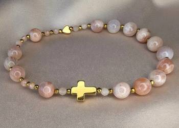 Bransoletka różaniec kamienie serduszko prezent pamiątka krzyżyk